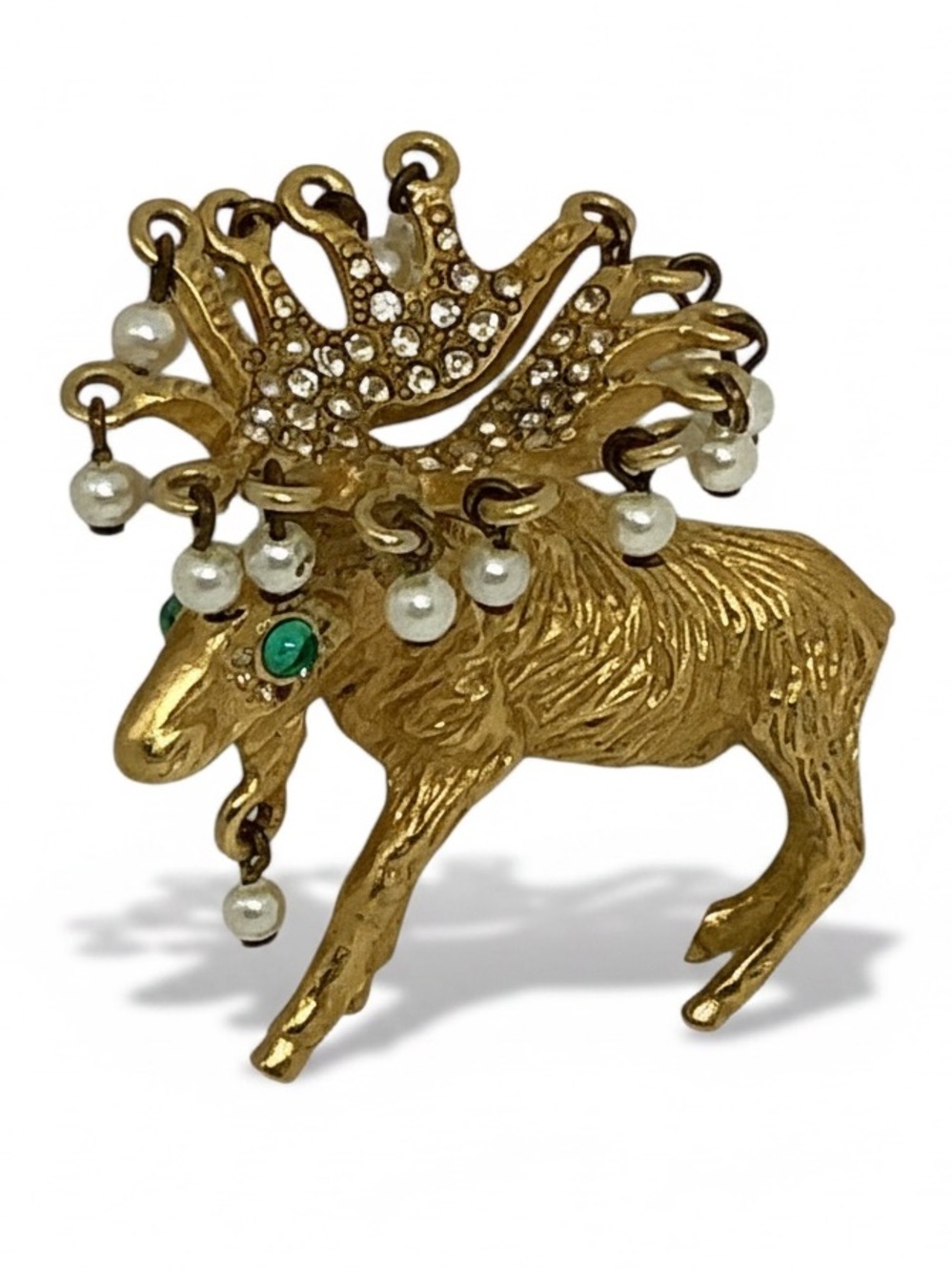 Vintage KJL Kenneth Jay Lane Signed Moose Brooch Rhinestone Crown Pearls 1991